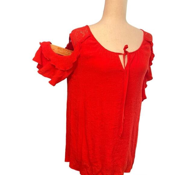 Alyx Cold Shoulder Crepe  Blouse, Red, size 0X, Layered, Ruffled, Chemical Lace - Picture 4 of 14